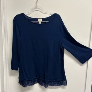 Chico's Navy Blue Lace Hem Long Sleeve Top